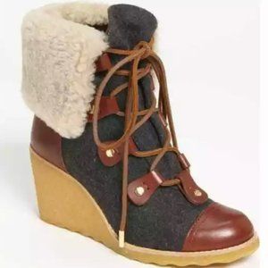 Tory Burch Marley Shearling-Trimmed Wedge Ankle Boots in Charcoal Grey - Size 9